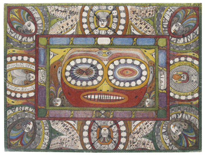Saint Adolf portant les lunettes entre les deux villes géantes Niess et Mia, Wölfli, Adolf, 1924