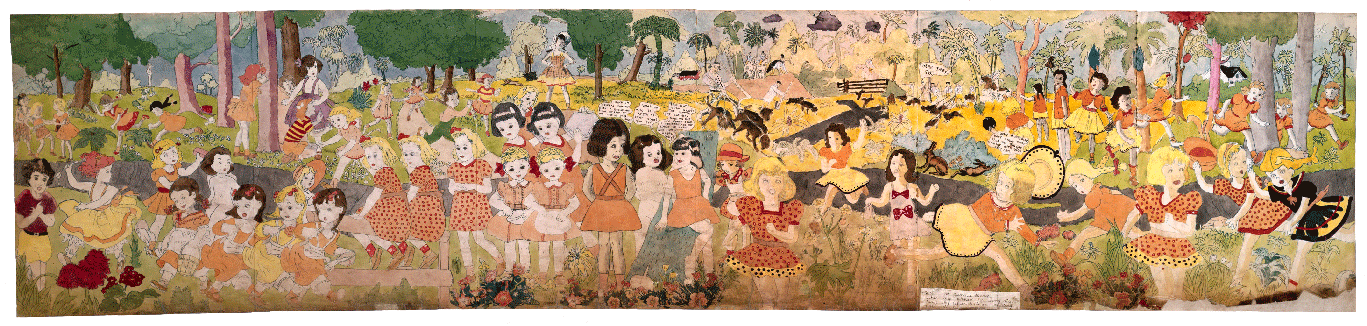 216 At Jennie Richee. Then are chased for long distance by Glandelinian soldiery with dogs (216 A Jennie Richee. Puis pourchassées sur une longue distance par les soldats glandélinéens et leurs chiens), Darger, Henry, 1930-1972